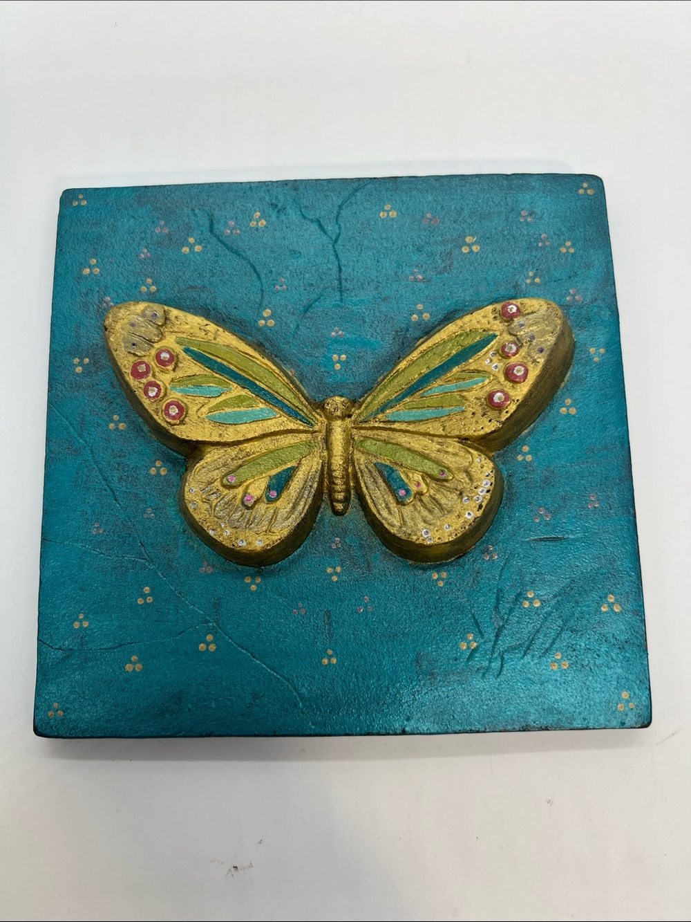 Gold Butterfly Wall Art on Teal Background - Decorative Art cast iron 6.5”x 6.5”